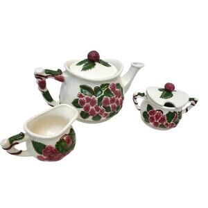 Vintage 1970s Atlantic Mold Hand-Painted Ceramic Tea Set Raspberry Majolica